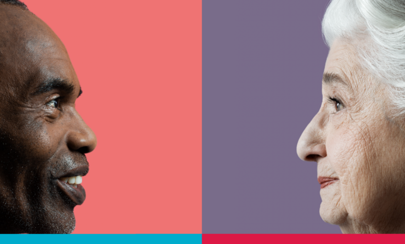 Campagnebeeld Samen Beslissen, twee gezichten en profil die elkaar aankijken